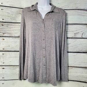 Cabi Gray Collared Button-Up Top Small Long Sleeve Stretch Soft Knit Shirt Style